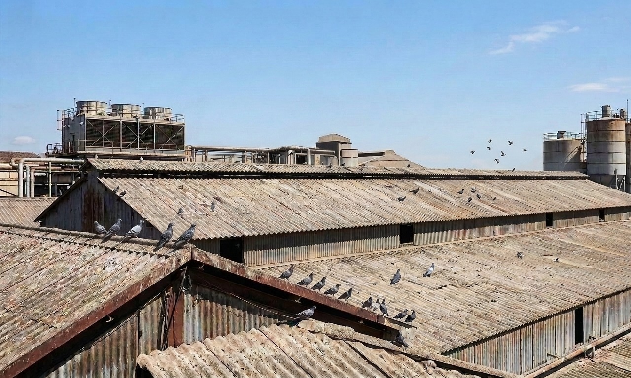 Palomas posadas en cubiertas de una planta industrial